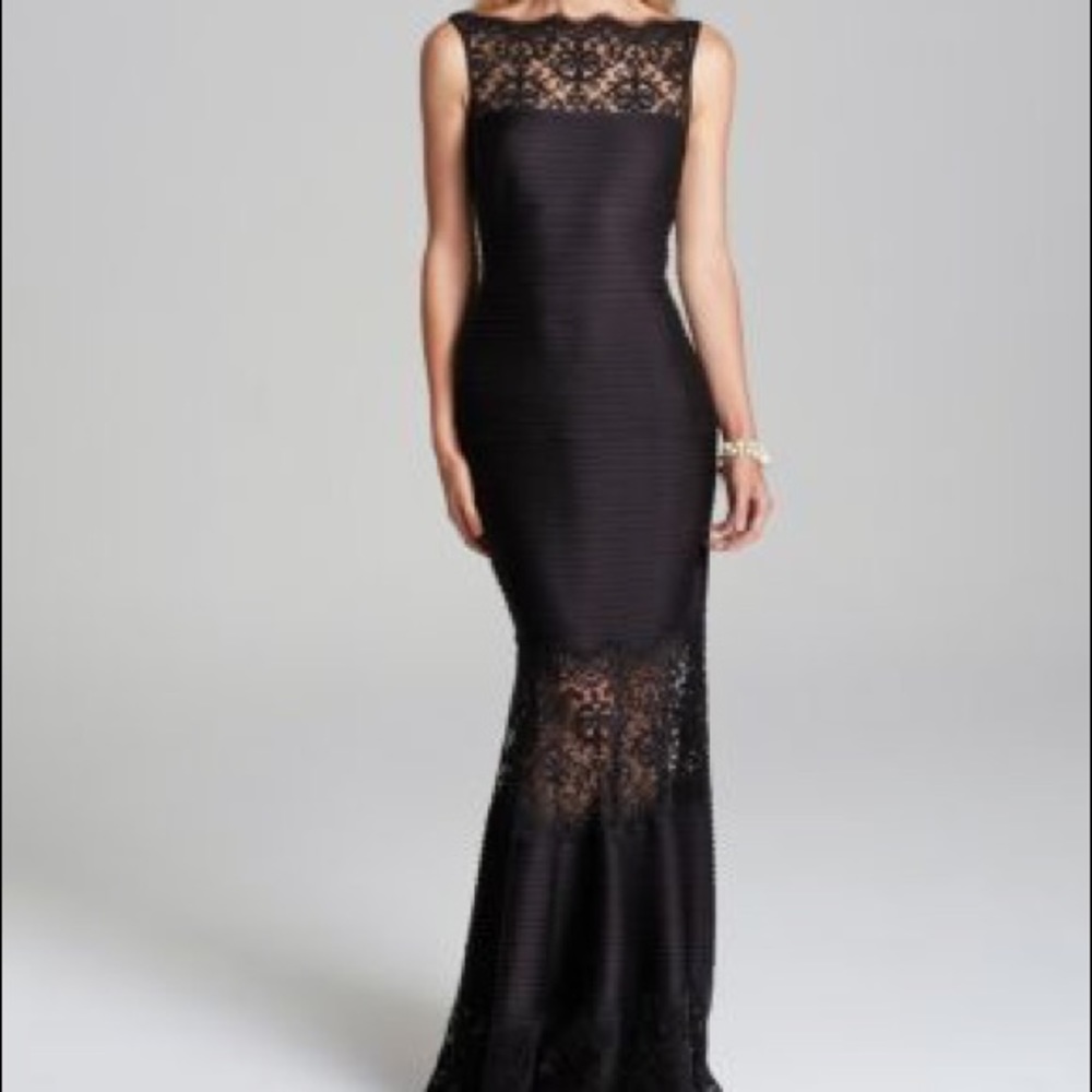 Tadashi Shoji black lace illusion gown